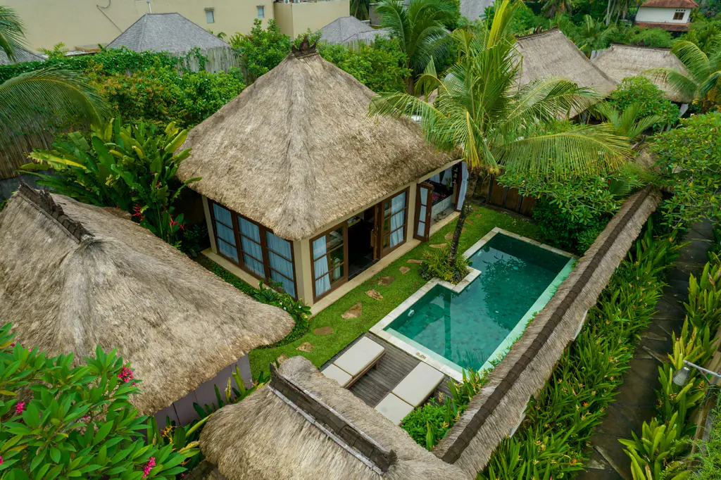 Aerial view of the Family Pool Villa: a thatched pavilion beside its own private pool among palms